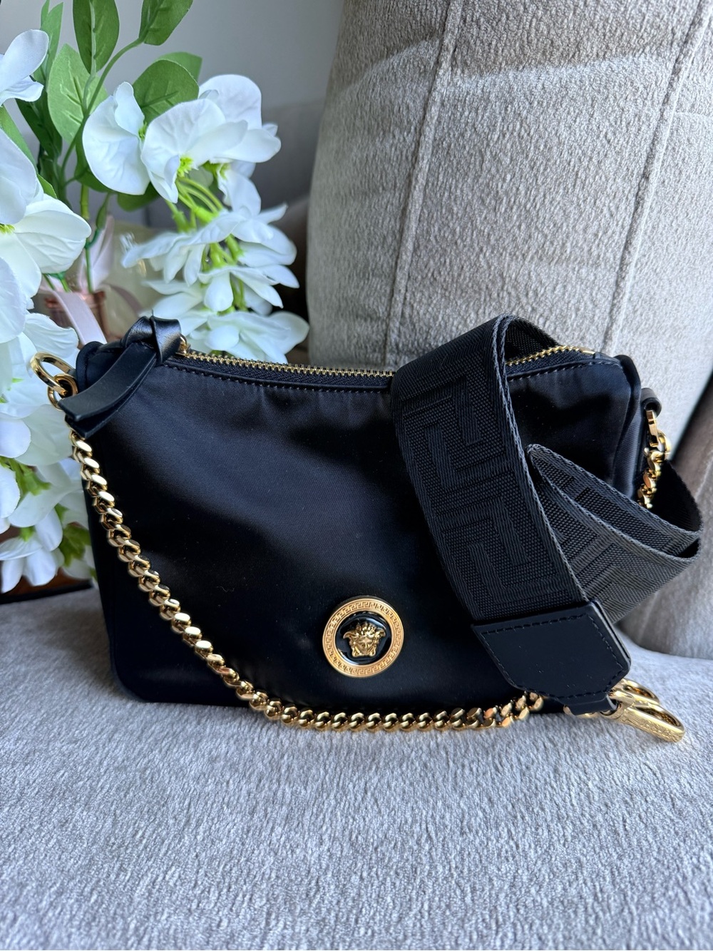 Versace Black Nylon Shoulder Bag with Medusa Logo